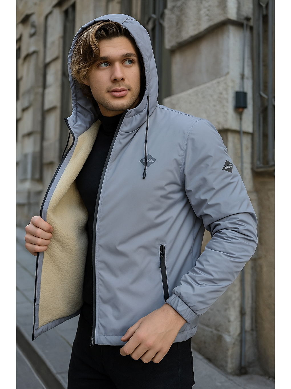 Erkek Dar Gri İçi Pelüş Kürk Rüzgarlık & Yağmurluk-1