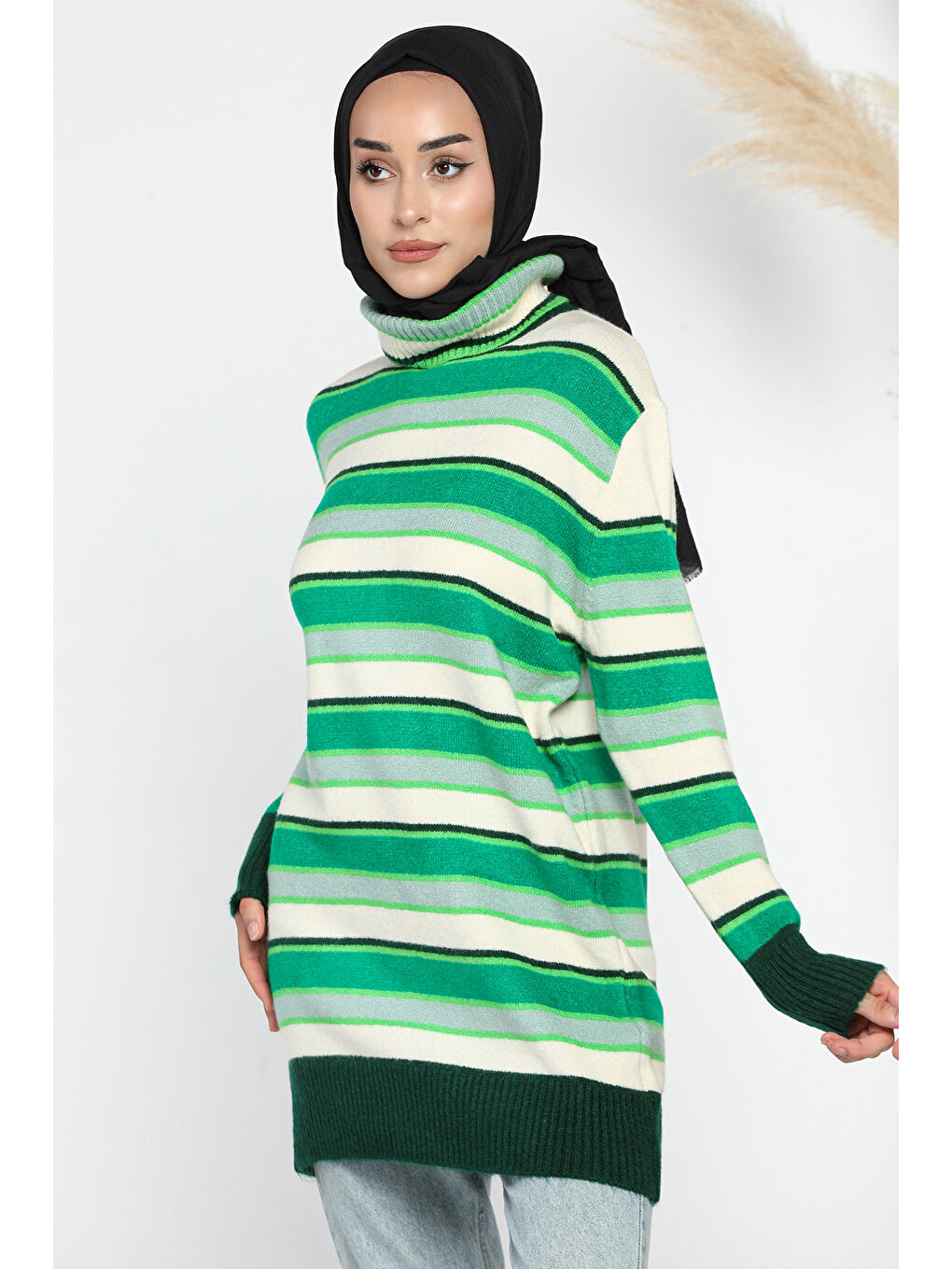 Yeşil Çizgi Desenli Tam Balıkçı Yaka Kışlık Triko Tunik-1