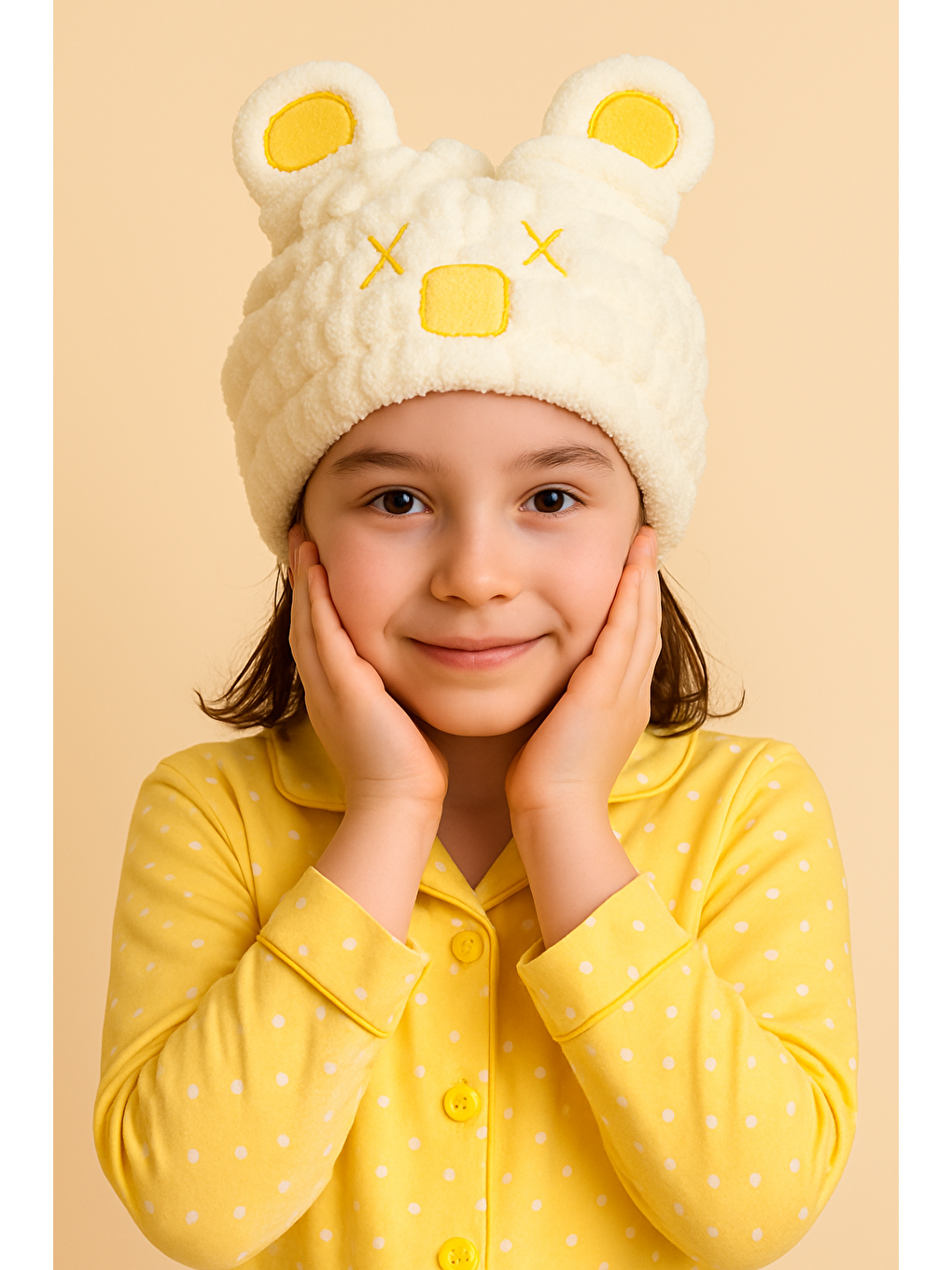 Ayıcık Kulaklı Havlu Bone Sarı-1