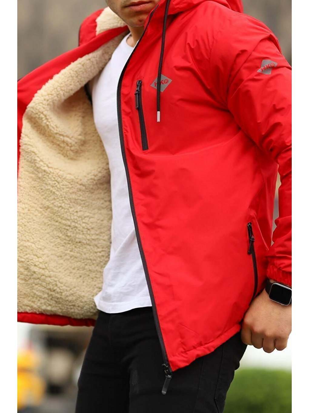 Erkek Dar Kırmızı İçi Pelüş Kürk Rüzgarlık & Yağmurluk-3