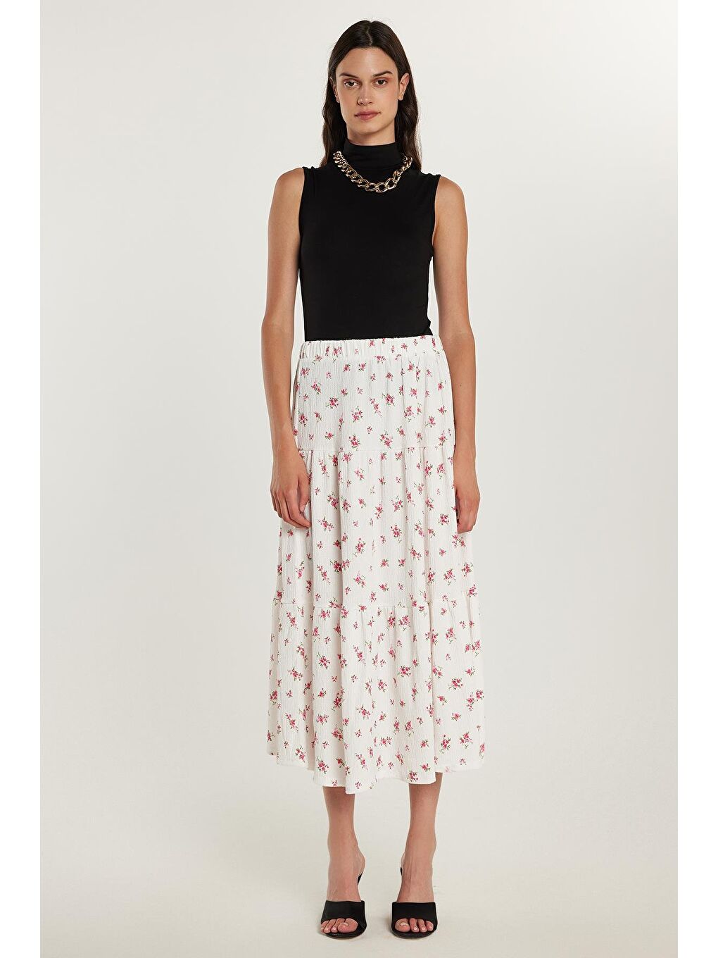 Karışık Kadın Standart Fit Beli Lastikli Baskılı Midi Boy Etek-3