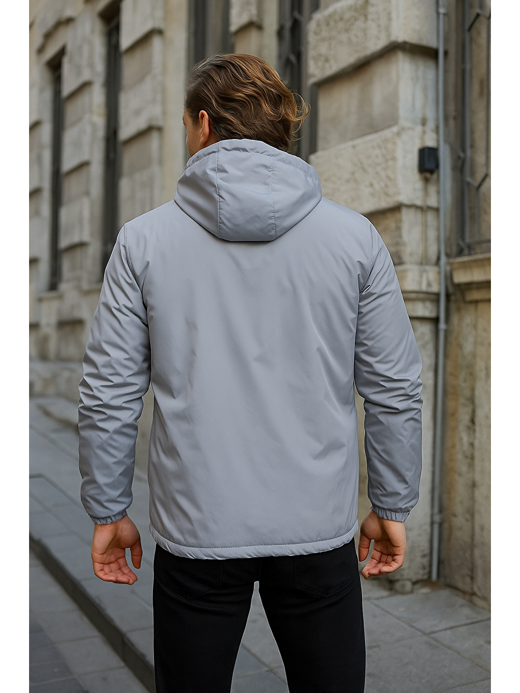 Erkek Dar Gri İçi Pelüş Kürk Rüzgarlık & Yağmurluk-2