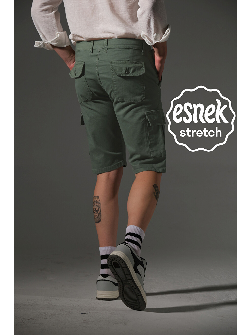 Yeşil None Denim Yandan Kargo Cepli Esnek Kumaş Erkek Kargo Şort Bermuda-1