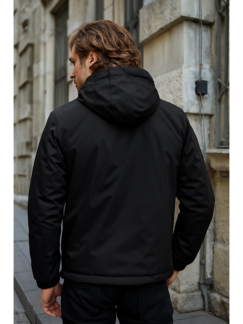 Erkek Dar Siyah İçi Pelüş Kürk Rüzgarlık & Yağmurluk-2