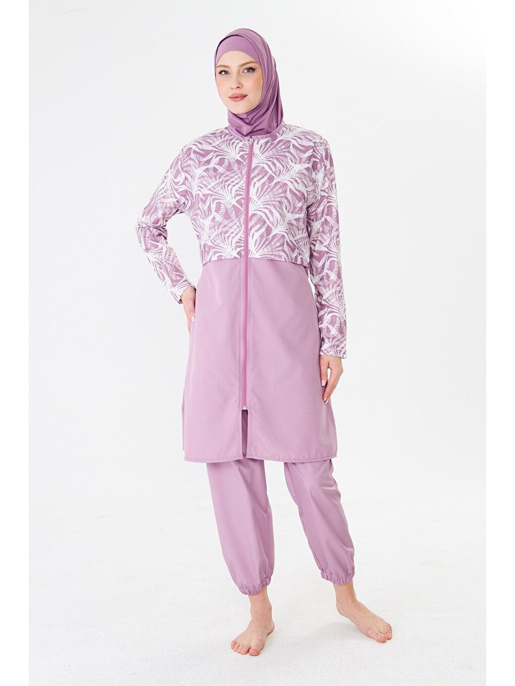 Tam Kapalı Büyük Beden Paraşüt Kumaş Desenli Tesettür Mayo Pembe-3502b-5