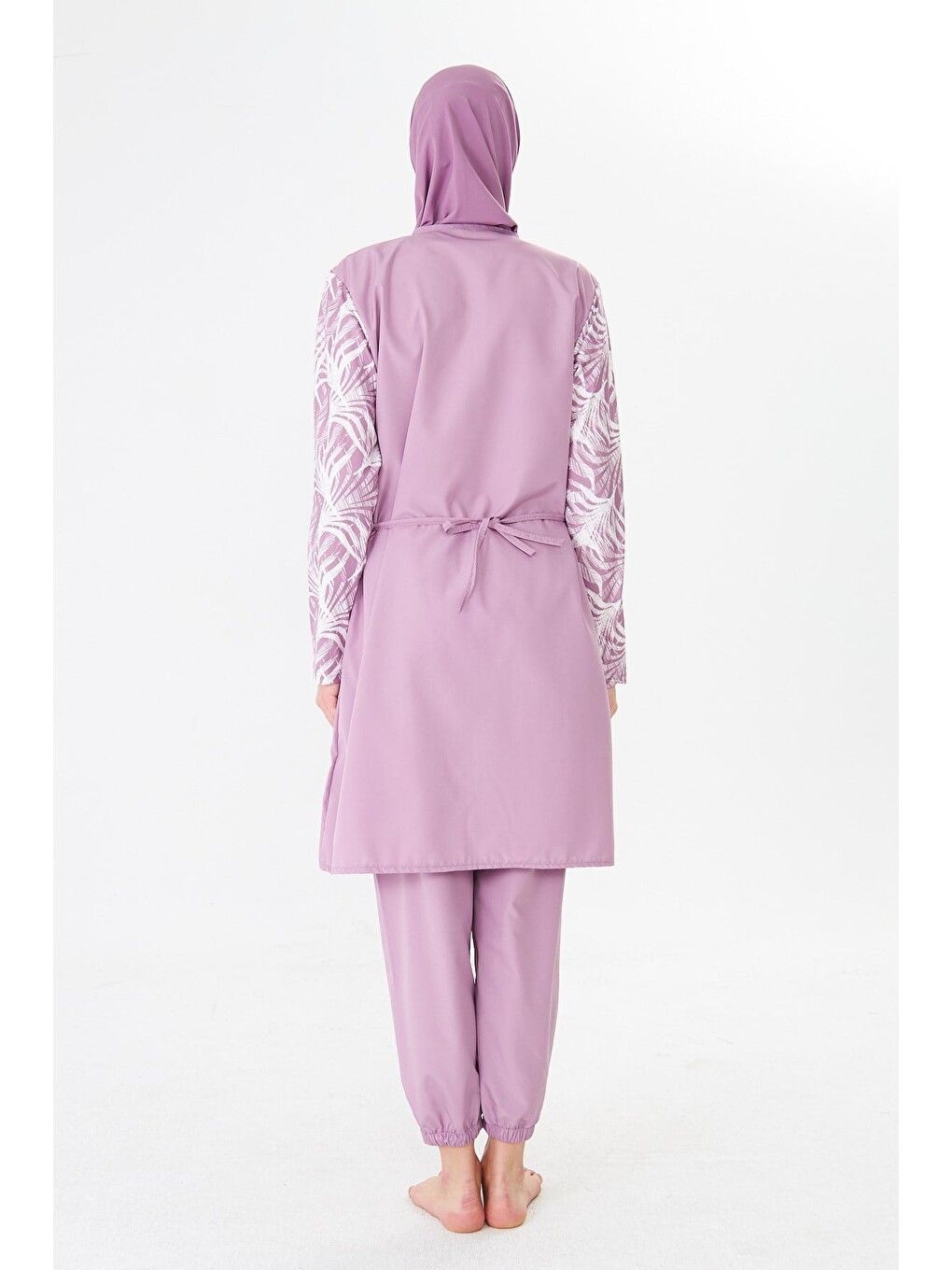 Tam Kapalı Büyük Beden Paraşüt Kumaş Desenli Tesettür Mayo Pembe-3502b-7