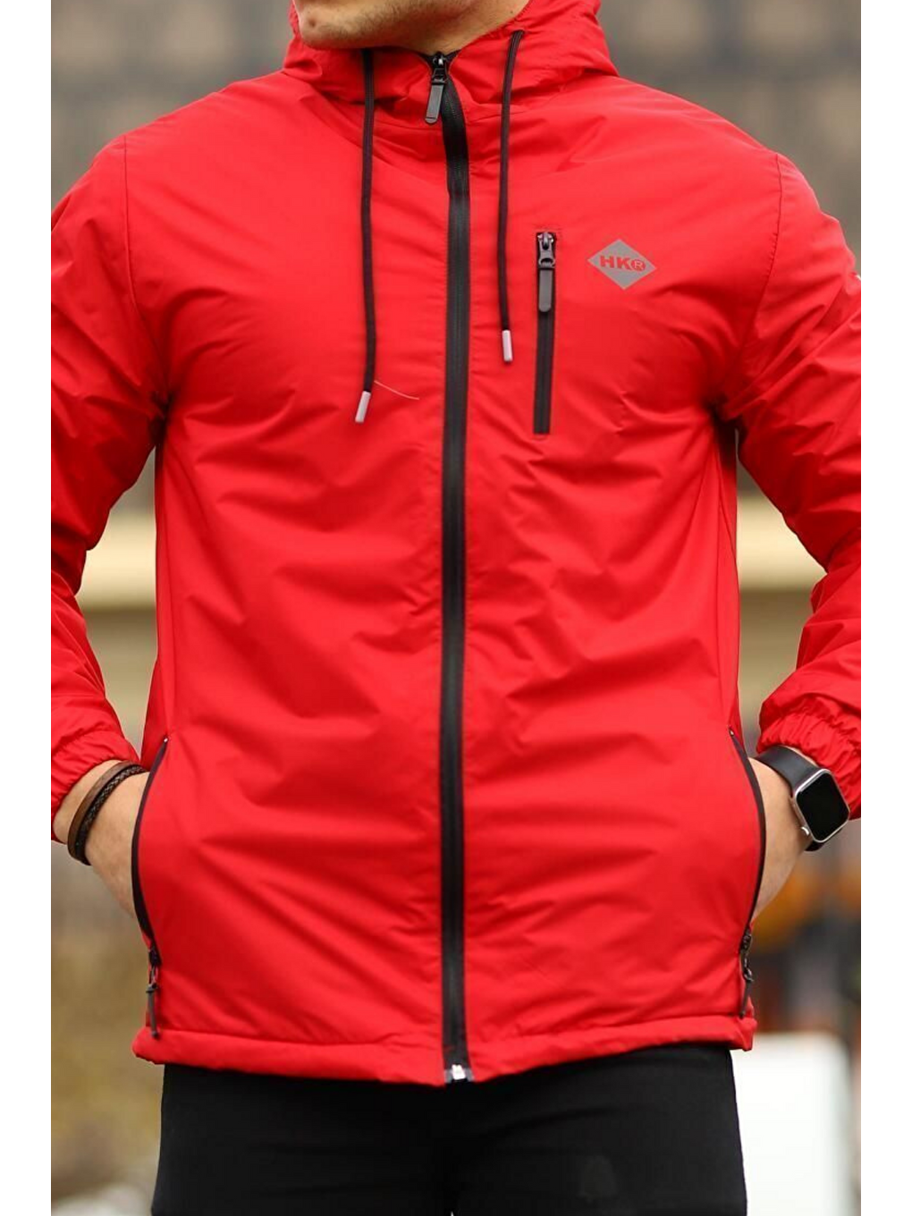 Erkek Dar Kırmızı İçi Pelüş Kürk Rüzgarlık & Yağmurluk-4