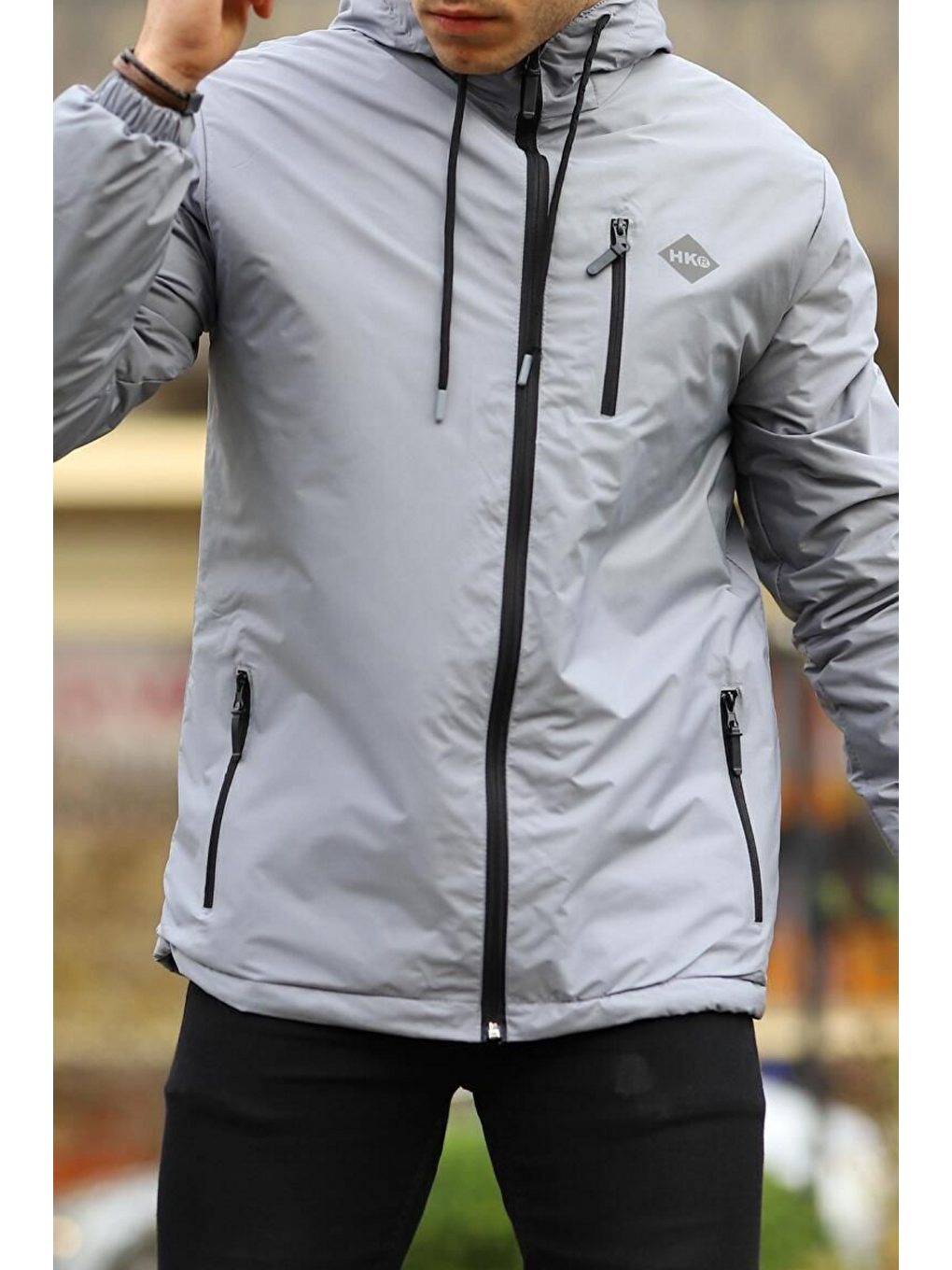 Erkek Dar Gri İçi Pelüş Kürk Rüzgarlık & Yağmurluk-3