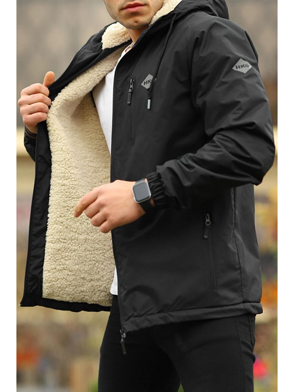 Erkek Dar Siyah İçi Pelüş Kürk Rüzgarlık & Yağmurluk-3