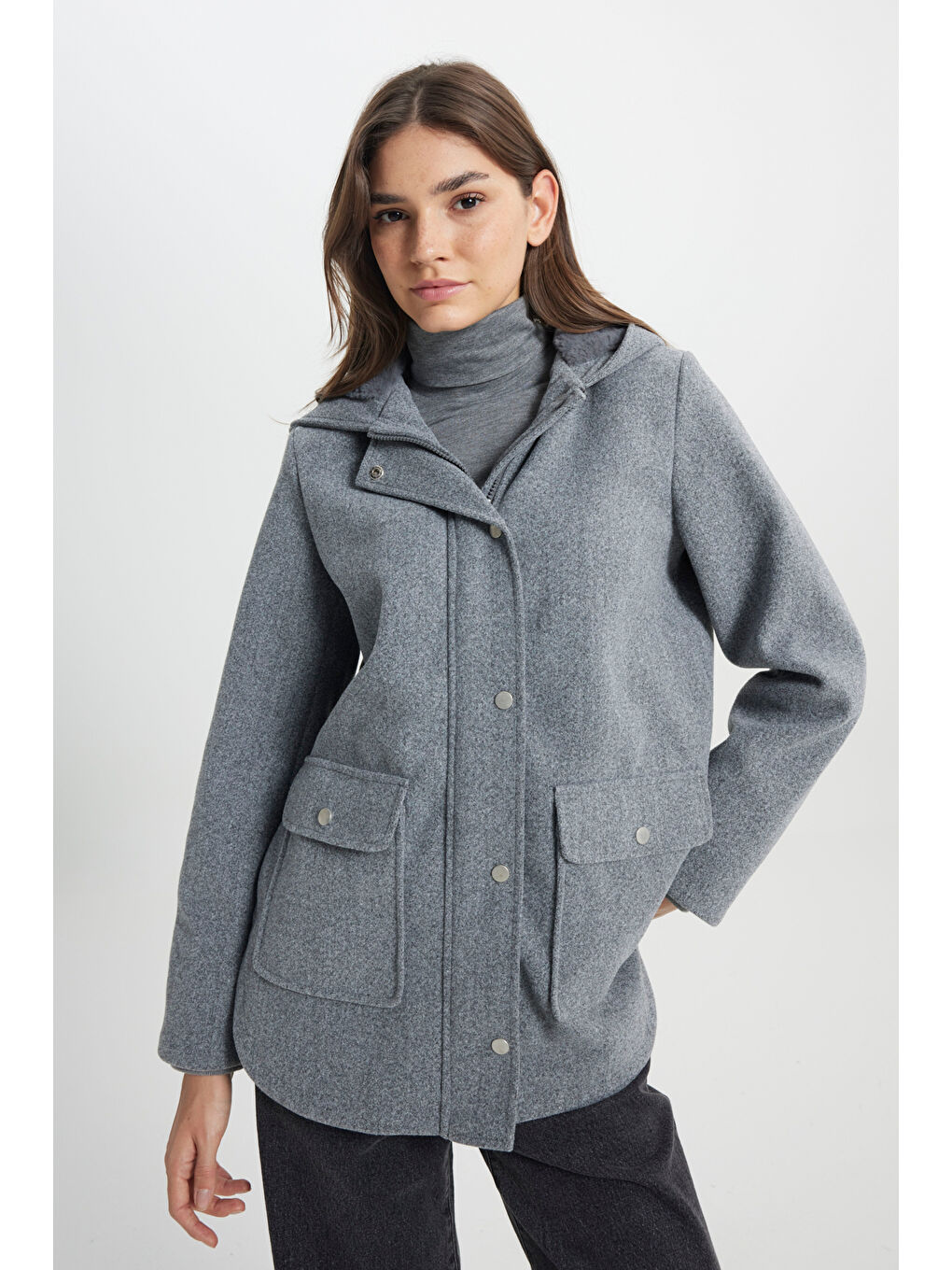 Regular Fit Normal Kesim Kapüşonlu Gri Parka Ceket-1