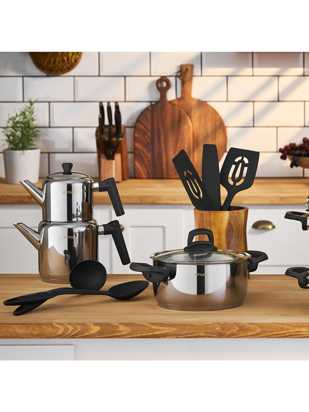 Gri Wedding 16 Parça Çelik Tencere Çaydanlık Servis Seti-5