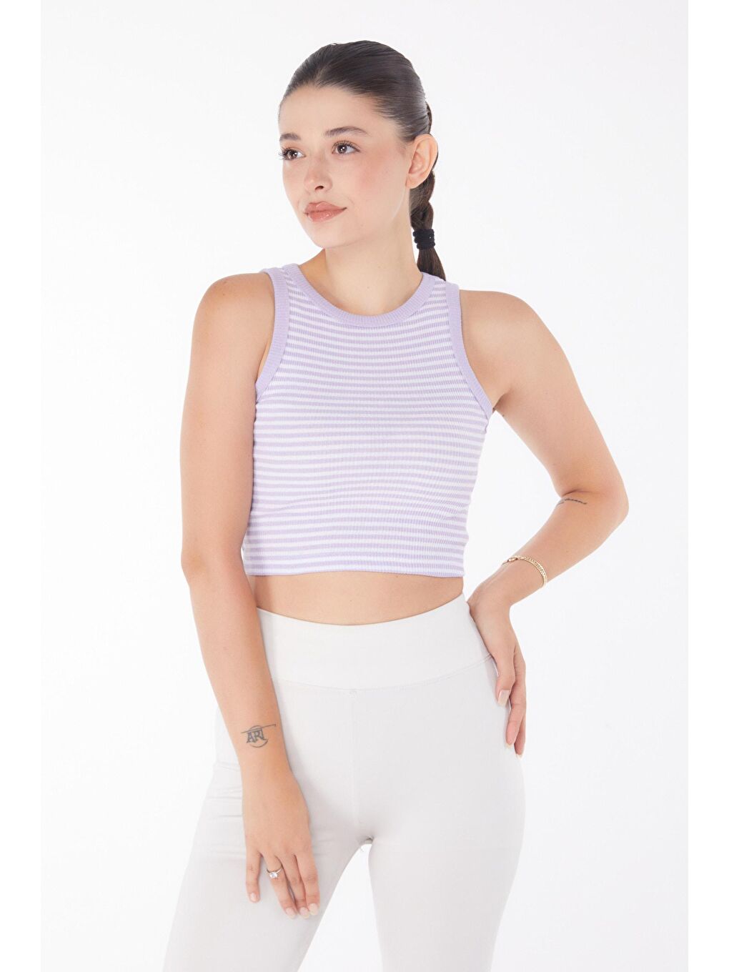 TOFİSA Lila Düz Bisiklet Yaka Kadın Lila Çizgili Crop - 25958