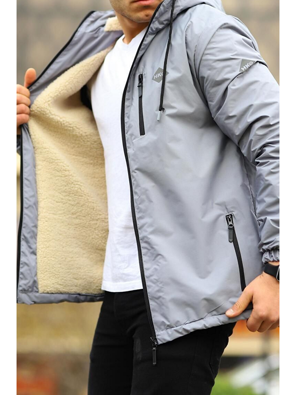 Erkek Dar Gri İçi Pelüş Kürk Rüzgarlık & Yağmurluk-4