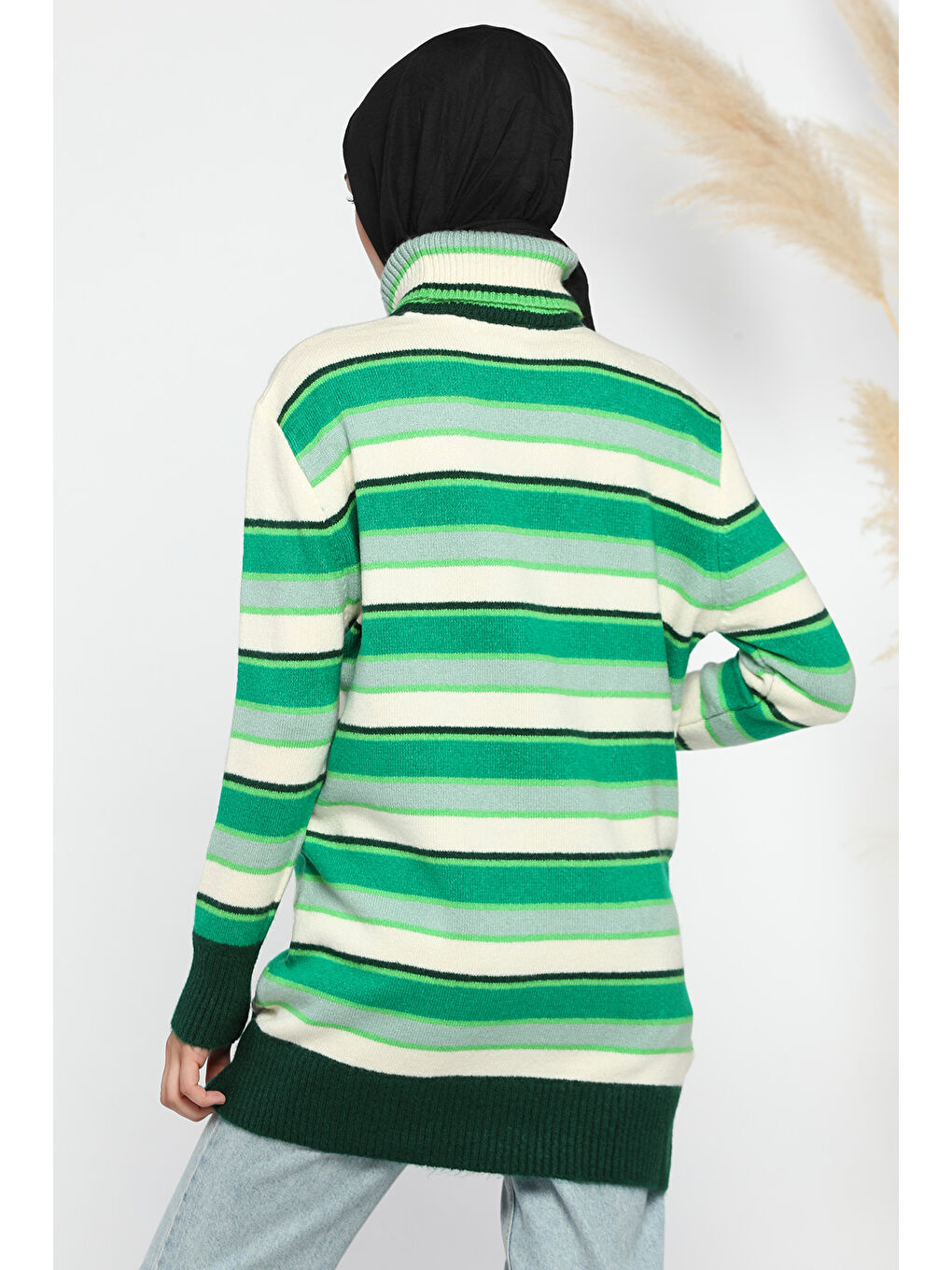 Yeşil Çizgi Desenli Tam Balıkçı Yaka Kışlık Triko Tunik-2