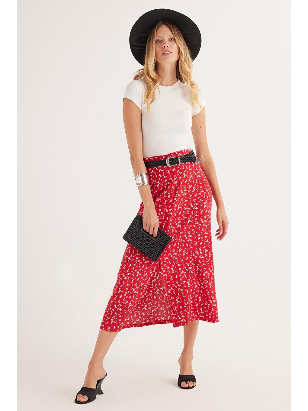 Karışık Kadın Standart Fit Düğmeli Viskon Lastikli Baskılı Midi Boy Etek-1