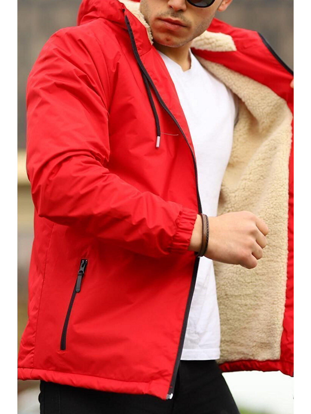 Erkek Dar Kırmızı İçi Pelüş Kürk Rüzgarlık & Yağmurluk-5