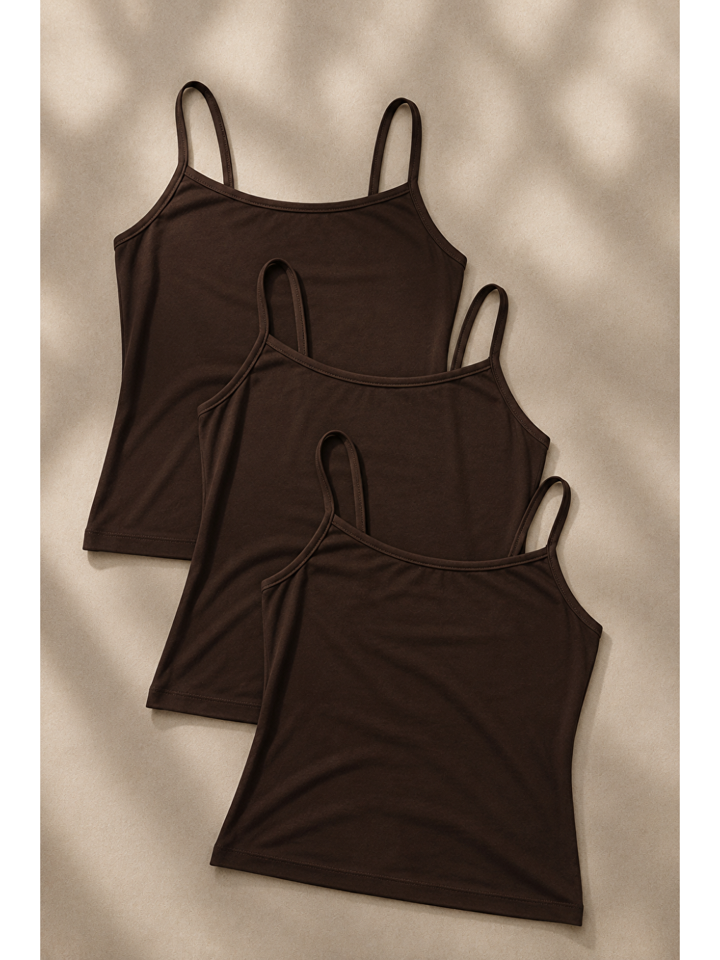 Kahverengi Kadın Basic İnce Askılı Dar 3 Lü Crop Bluz