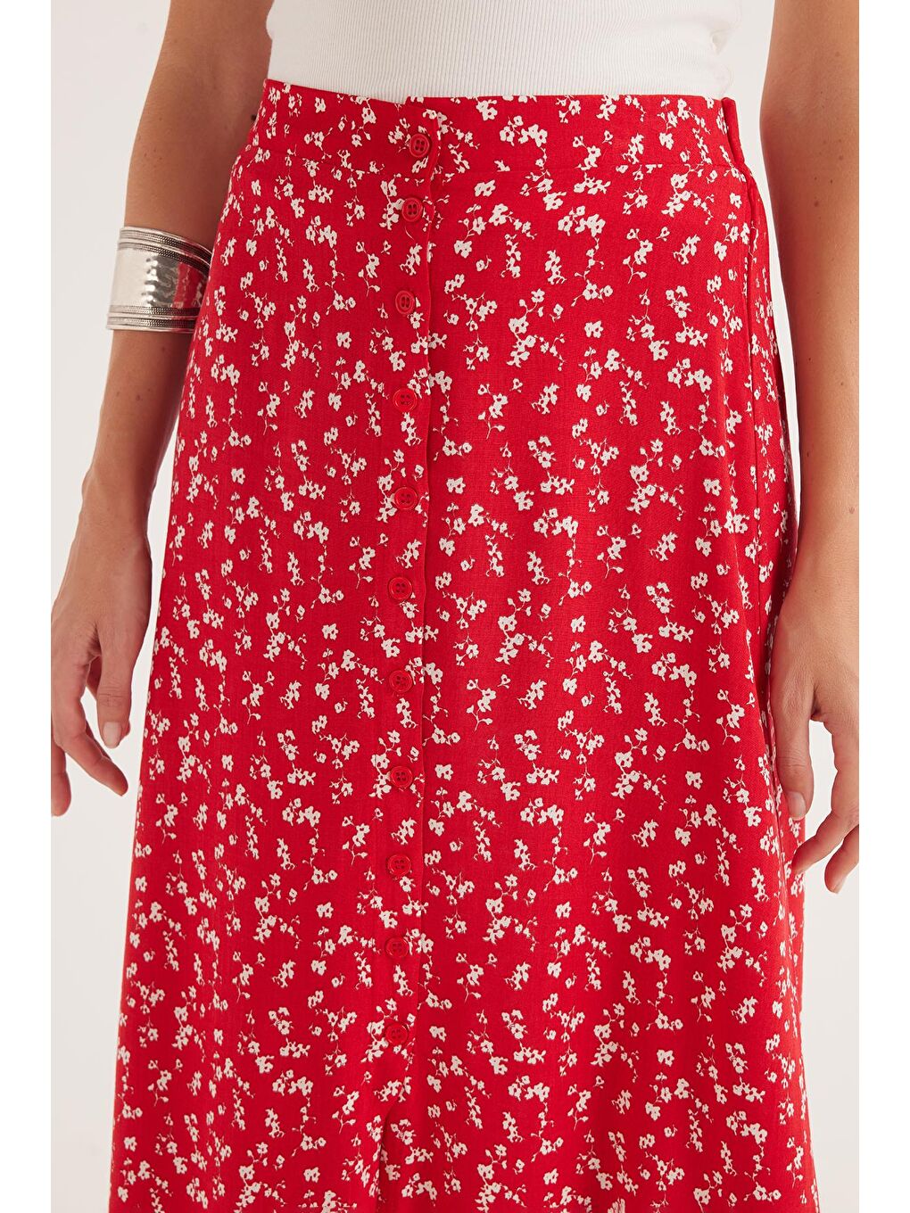 Karışık Kadın Standart Fit Düğmeli Viskon Lastikli Baskılı Midi Boy Etek-2