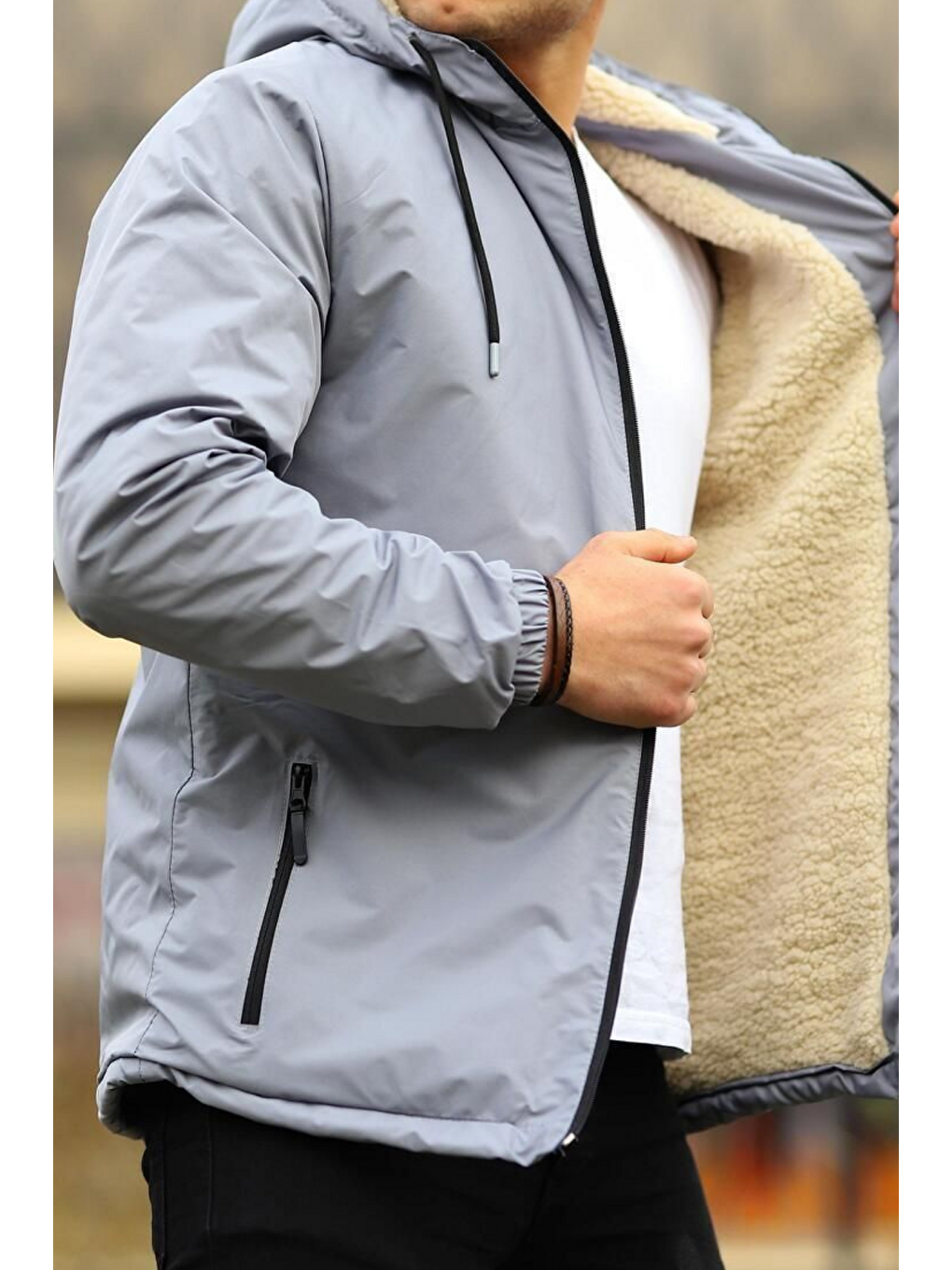 Erkek Dar Gri İçi Pelüş Kürk Rüzgarlık & Yağmurluk-5