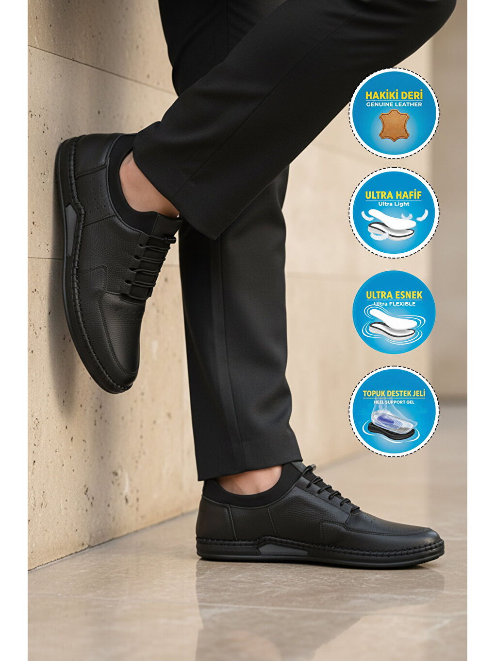 Siyah Hakiki Deri Ortopedik Erkek Casual Ayakkabı 818 M-2