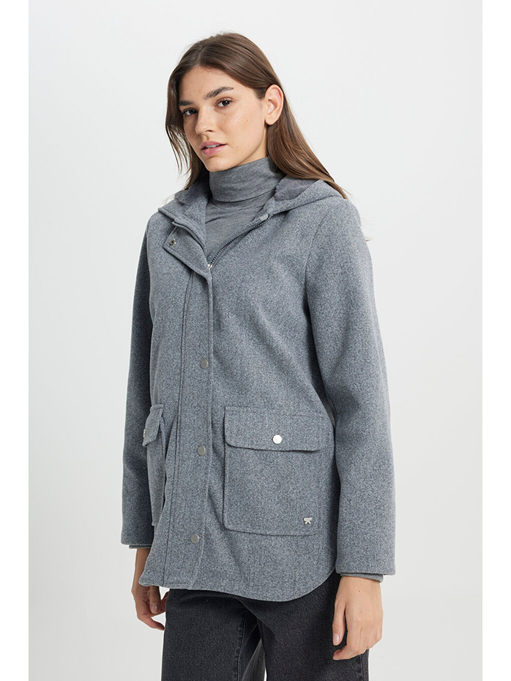 Regular Fit Normal Kesim Kapüşonlu Gri Parka Ceket-2