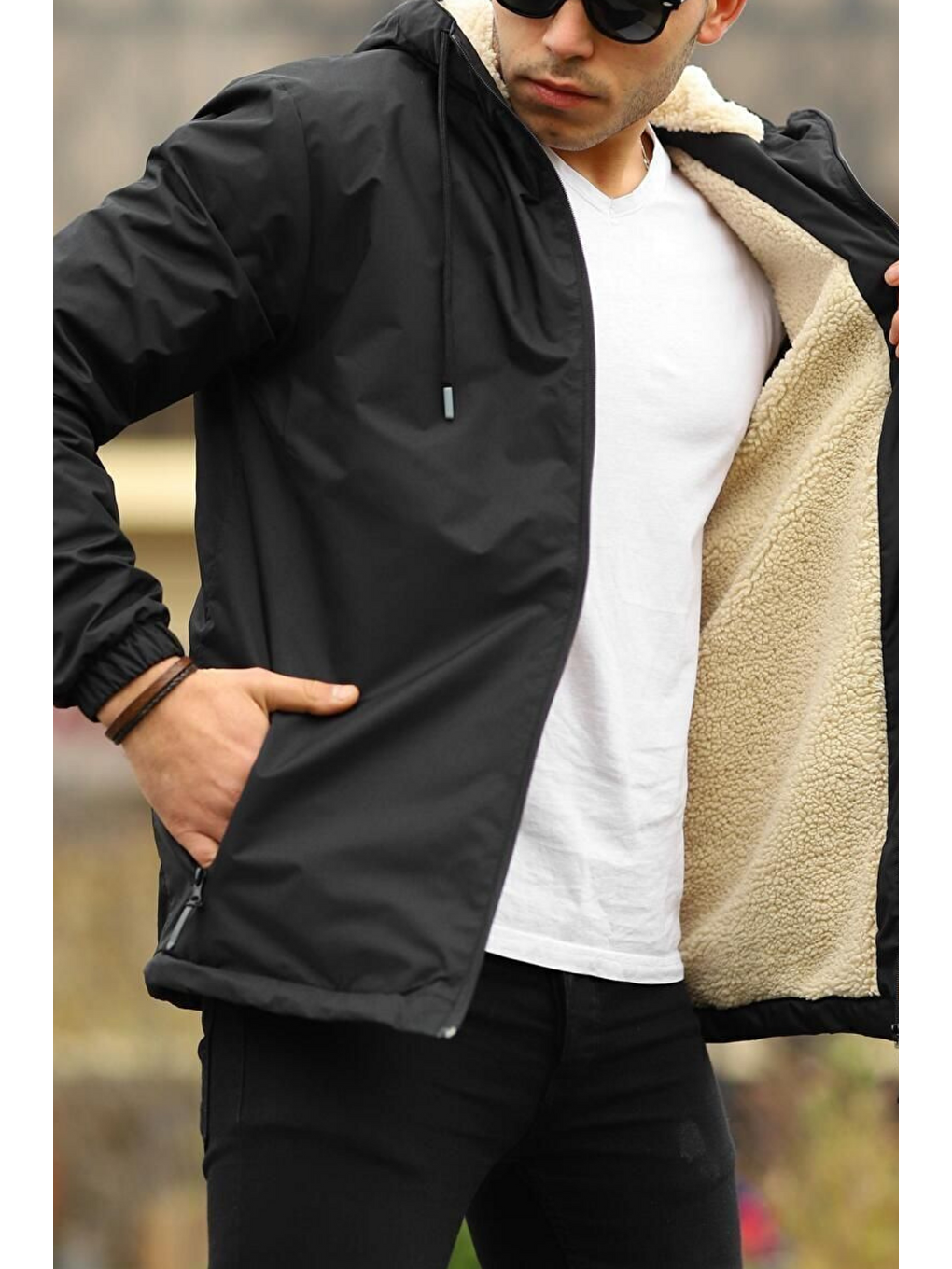 Erkek Dar Siyah İçi Pelüş Kürk Rüzgarlık & Yağmurluk-5
