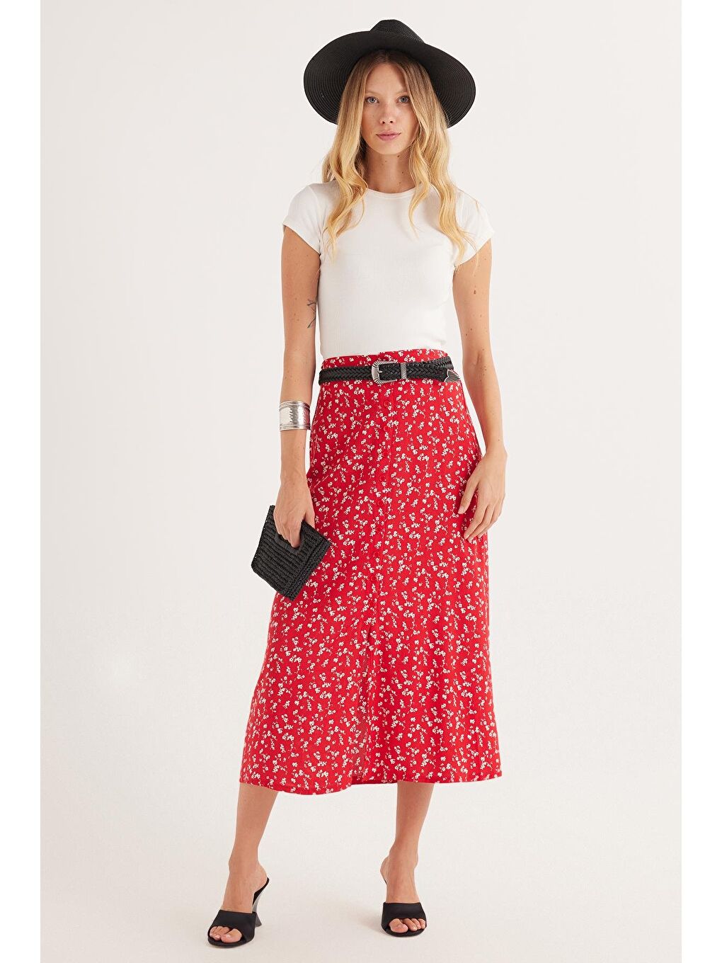 Karışık Kadın Standart Fit Düğmeli Viskon Lastikli Baskılı Midi Boy Etek-3