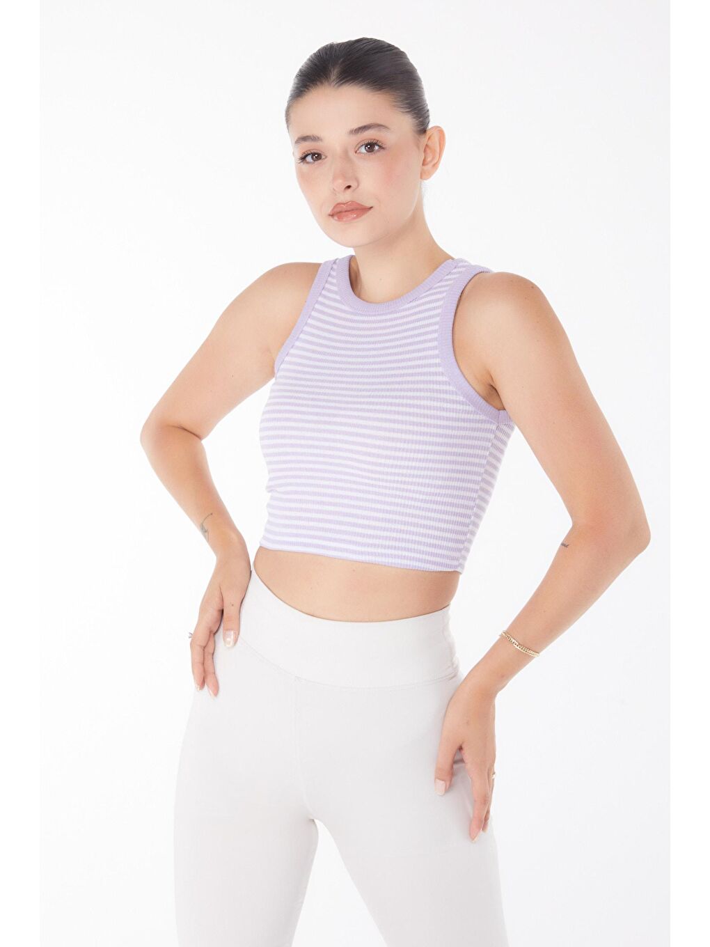 TOFİSA Lila Düz Bisiklet Yaka Kadın Lila Çizgili Crop - 25958 - 2