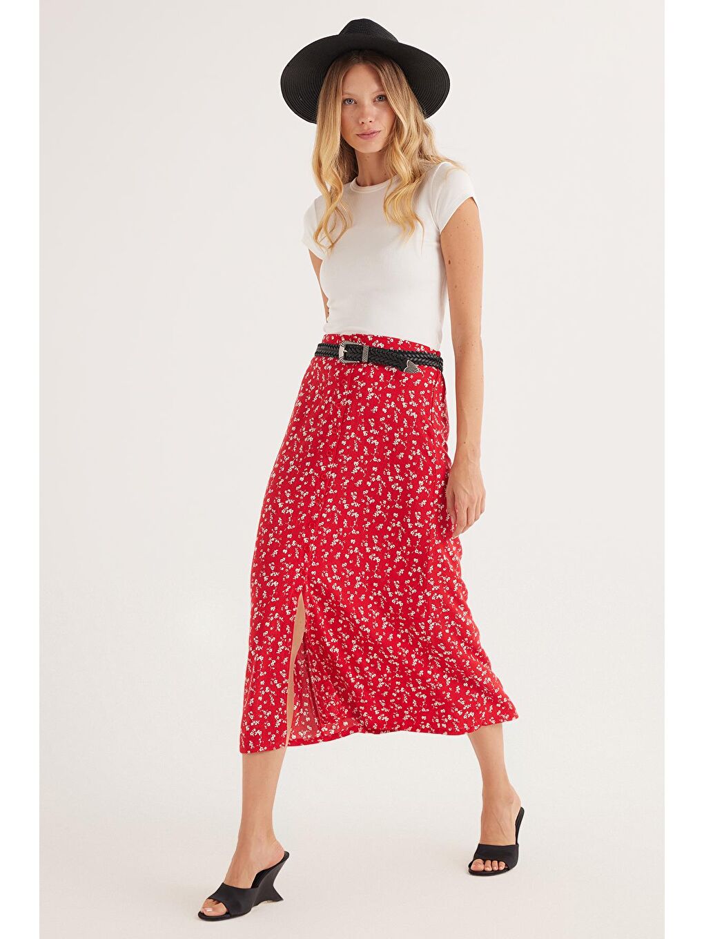 Karışık Kadın Standart Fit Düğmeli Viskon Lastikli Baskılı Midi Boy Etek-4