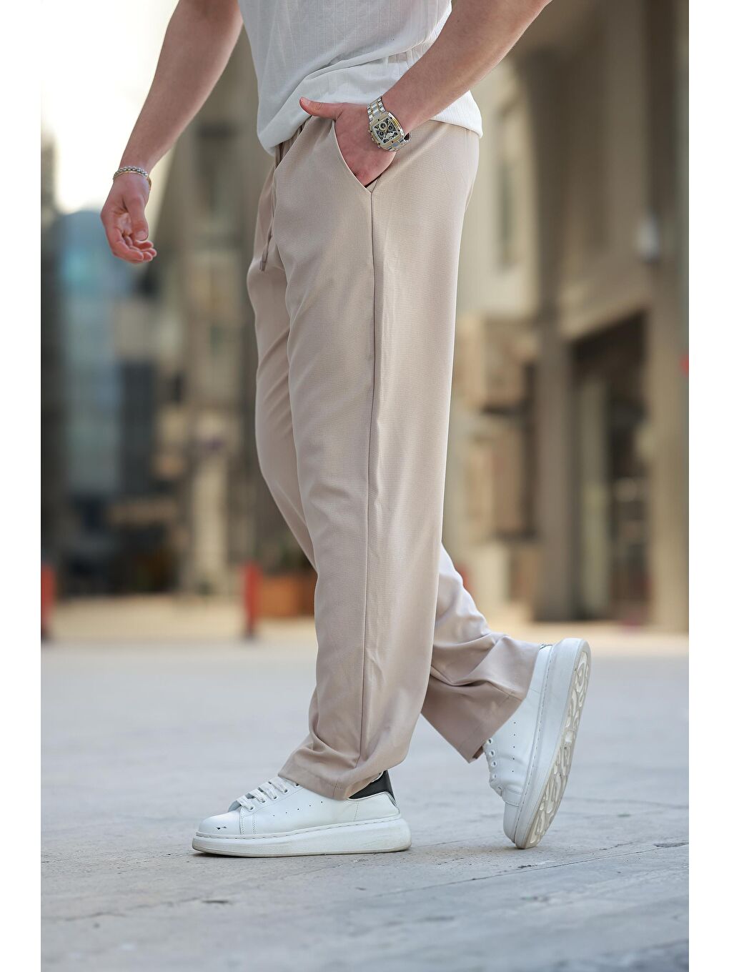 Bej Beli Ayarlanabilir Rahat Kesim Erkek Pantolon E6564-2