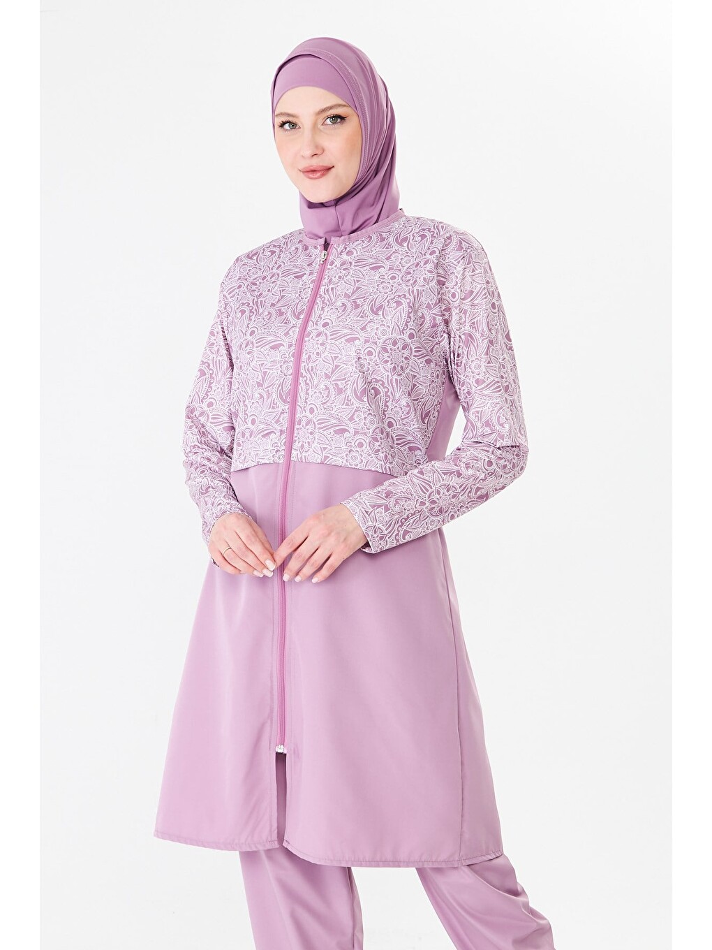Tam Kapalı Büyük Beden Paraşüt Kumaş Desenli Tesettür Mayo Pembe-3503b-1