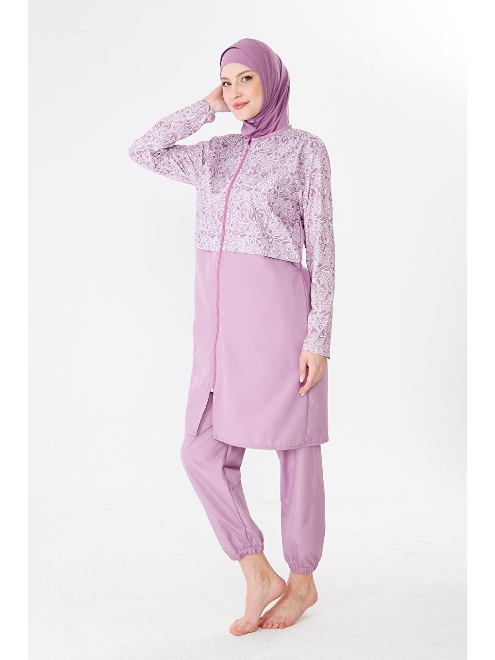 Tam Kapalı Büyük Beden Paraşüt Kumaş Desenli Tesettür Mayo Pembe-3503b-3
