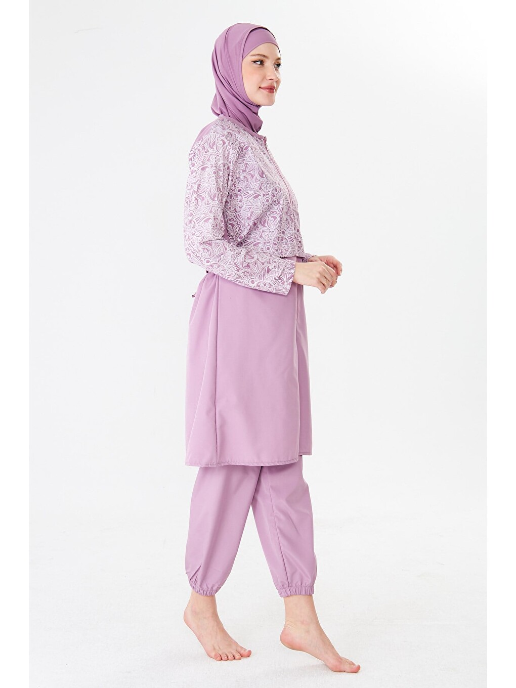 Tam Kapalı Büyük Beden Paraşüt Kumaş Desenli Tesettür Mayo Pembe-3503b-4