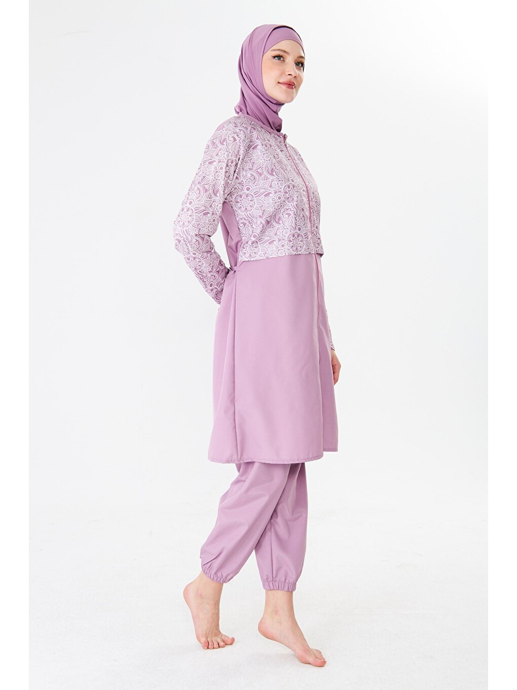 Tam Kapalı Büyük Beden Paraşüt Kumaş Desenli Tesettür Mayo Pembe-3503b-5