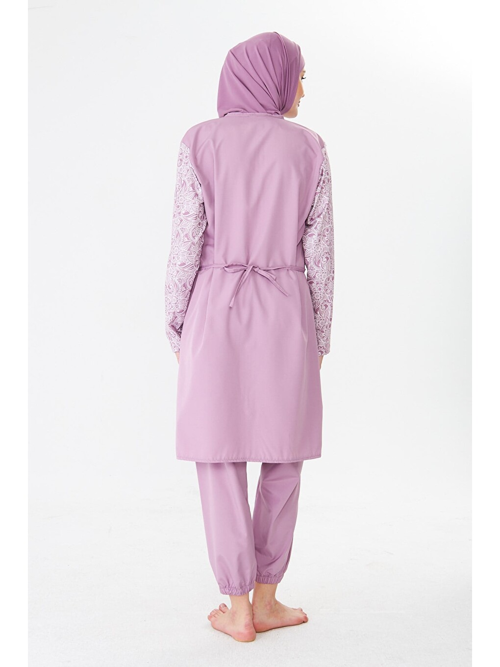 Tam Kapalı Büyük Beden Paraşüt Kumaş Desenli Tesettür Mayo Pembe-3503b-6
