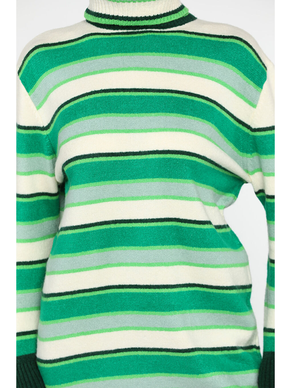 Yeşil Çizgi Desenli Tam Balıkçı Yaka Kışlık Triko Tunik-3