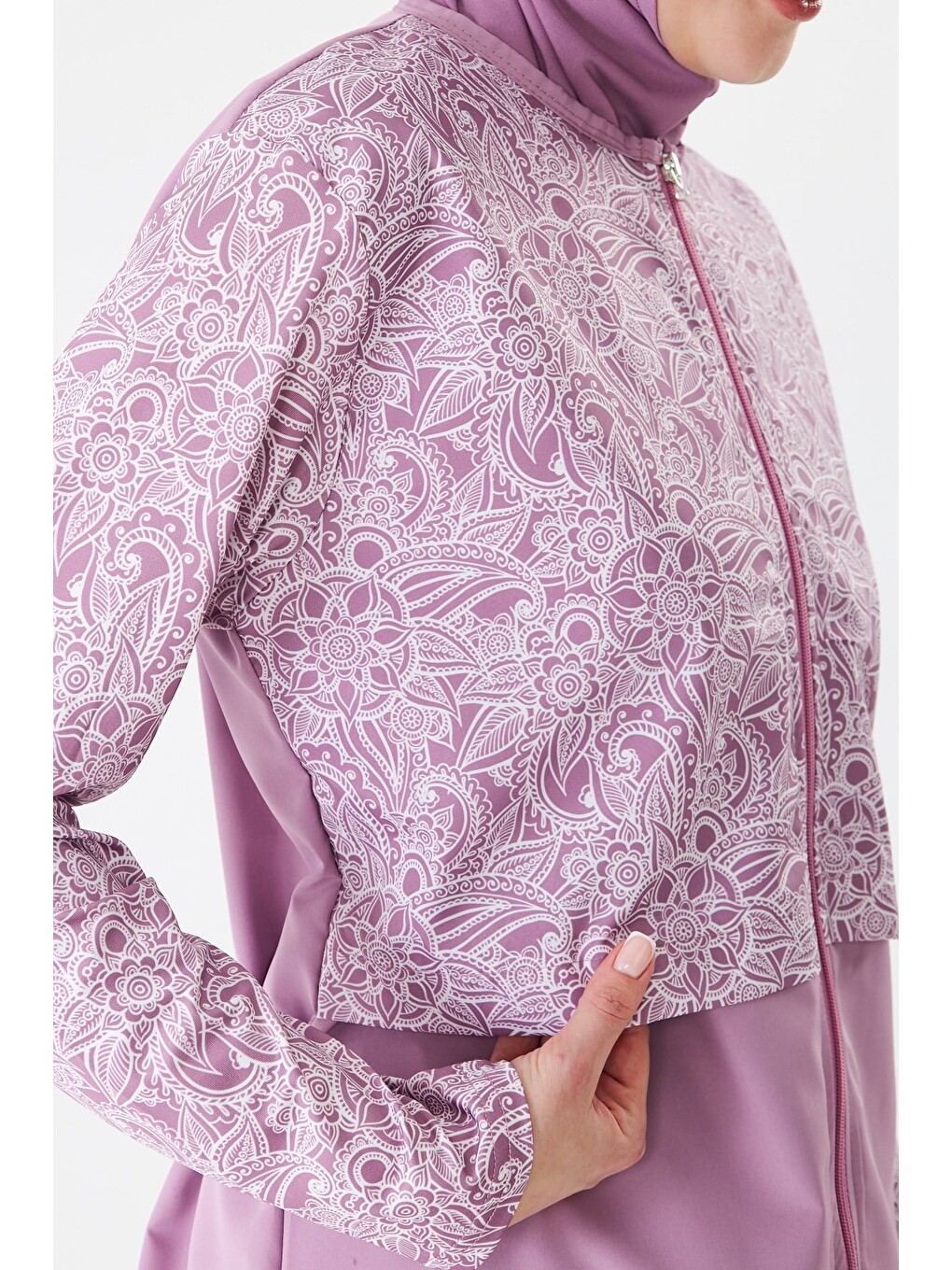 Tam Kapalı Büyük Beden Paraşüt Kumaş Desenli Tesettür Mayo Pembe-3503b-7