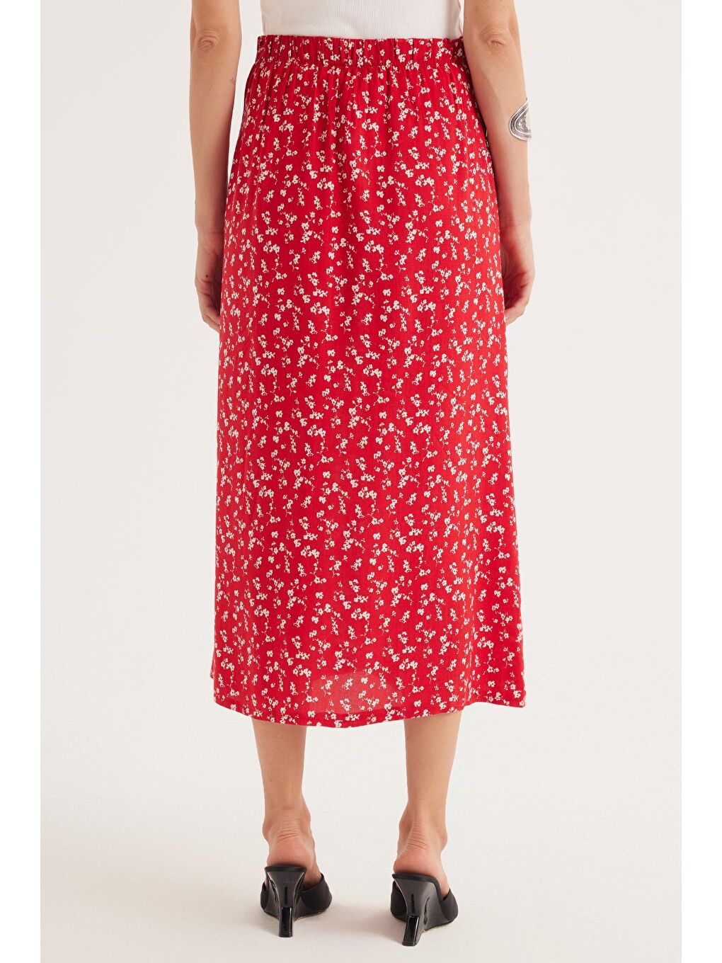 Karışık Kadın Standart Fit Düğmeli Viskon Lastikli Baskılı Midi Boy Etek-6