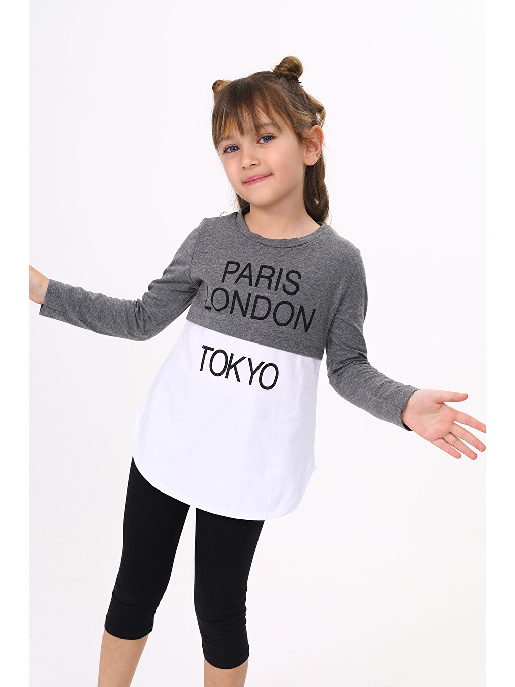 Antrasit Kız Çocuk Paris London Baskılı T-Shirt