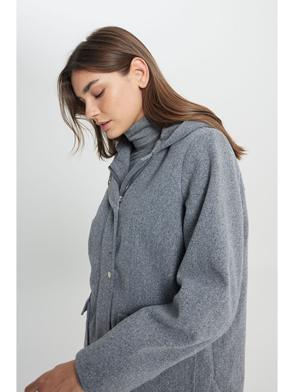 Regular Fit Normal Kesim Kapüşonlu Gri Parka Ceket-4