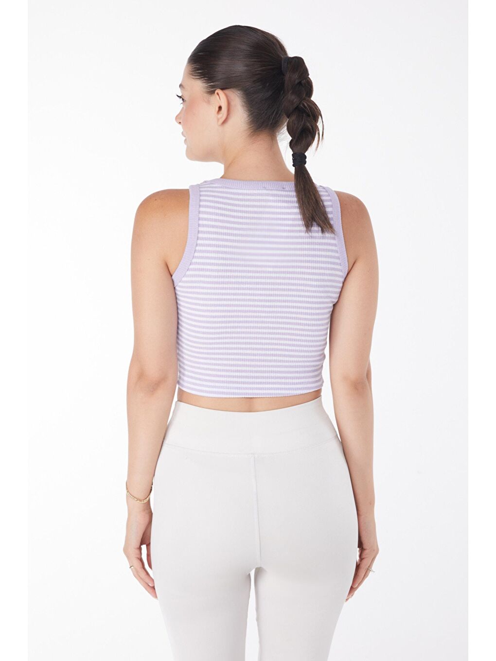 TOFİSA Lila Düz Bisiklet Yaka Kadın Lila Çizgili Crop - 25958 - 4