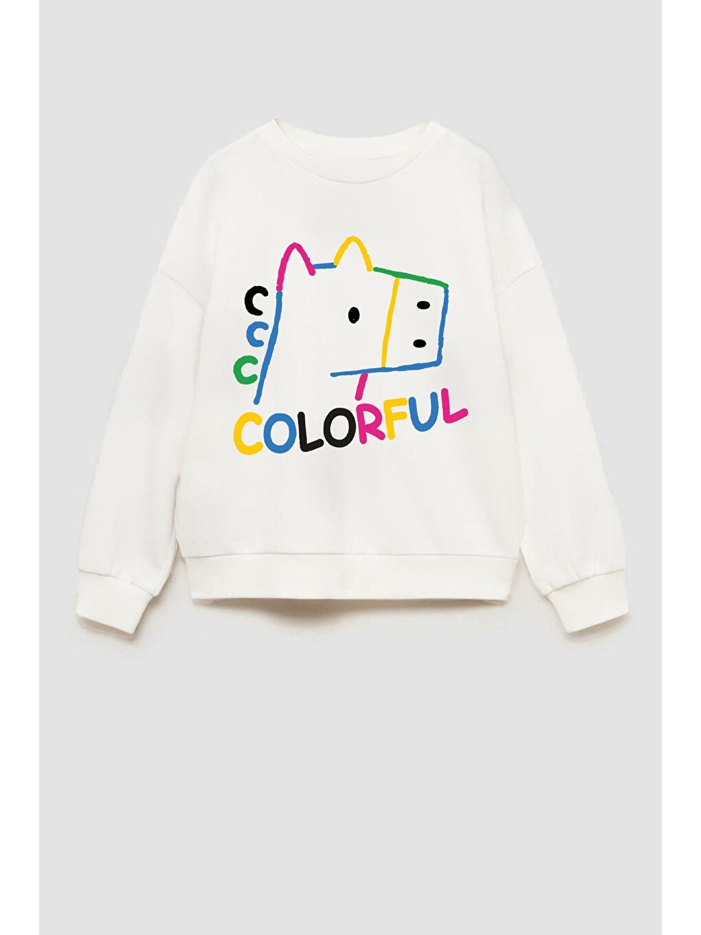Ekru Kız Çocuk 3 İplik Kumaş Pamuklu Baskılı Sweatshirt