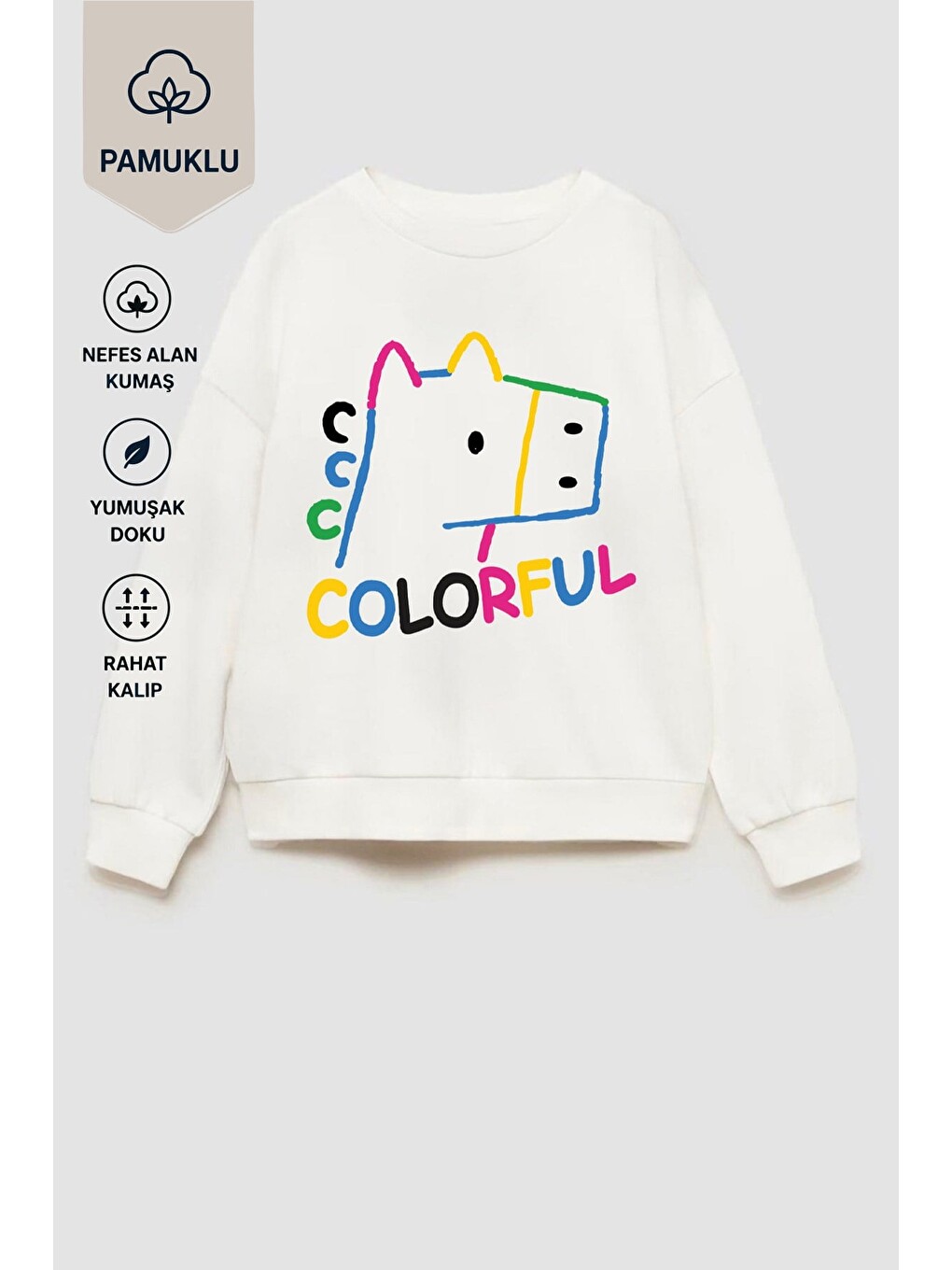 Ekru Kız Çocuk 3 İplik Kumaş Pamuklu Baskılı Sweatshirt-1