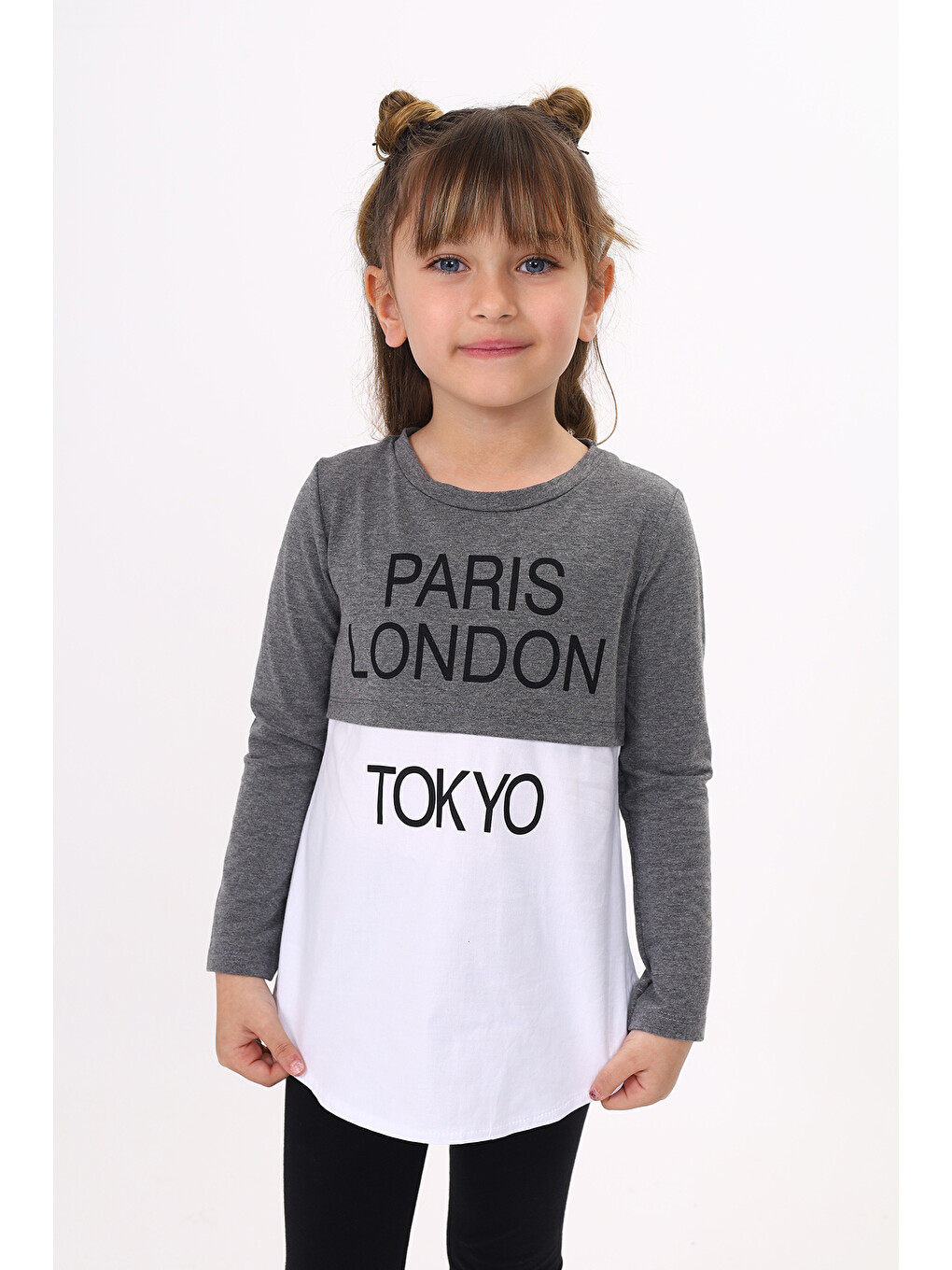 Antrasit Kız Çocuk Paris London Baskılı T-Shirt-1