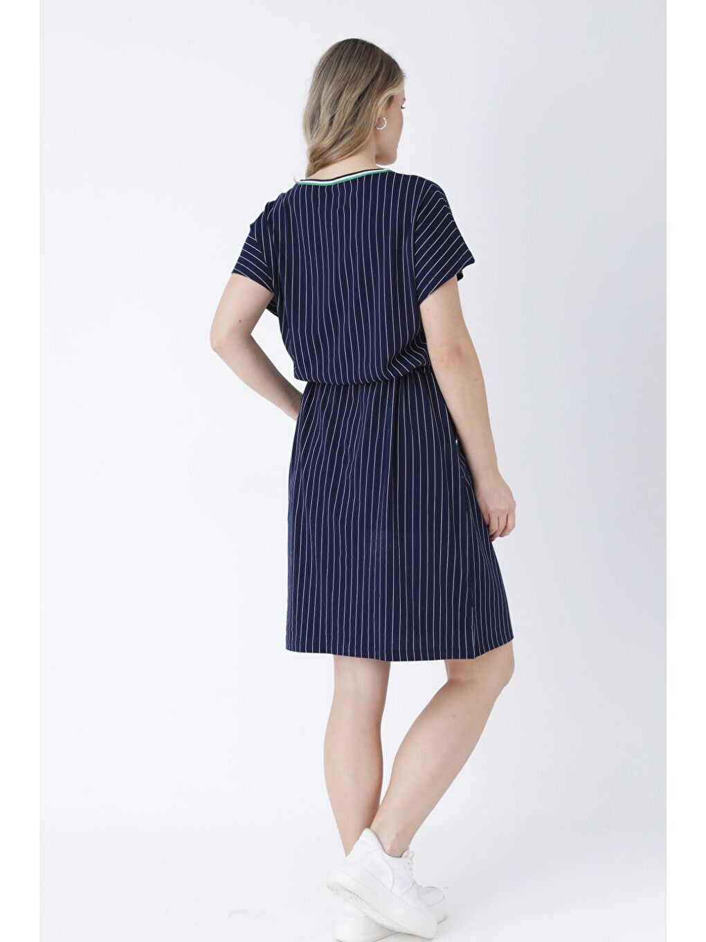 Kadın Lacivert Kuşaklı Cepli Biyeli Pamuklu Elbise-4