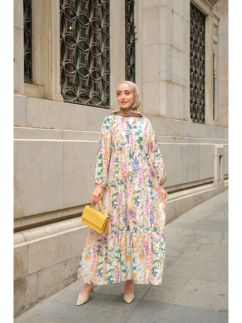 Ekru Kadın Yaprak Desenli Elbise Krem