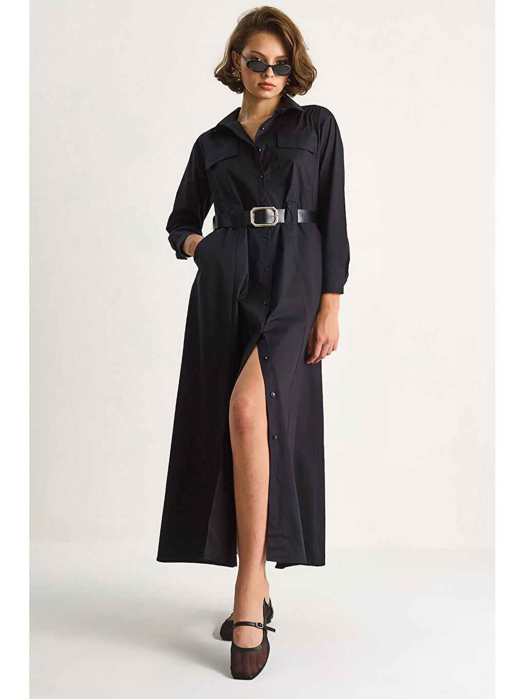 Siyah Kadın Düğme Kapamalı Cep Detaylı Kemerli Gömlek Elbise