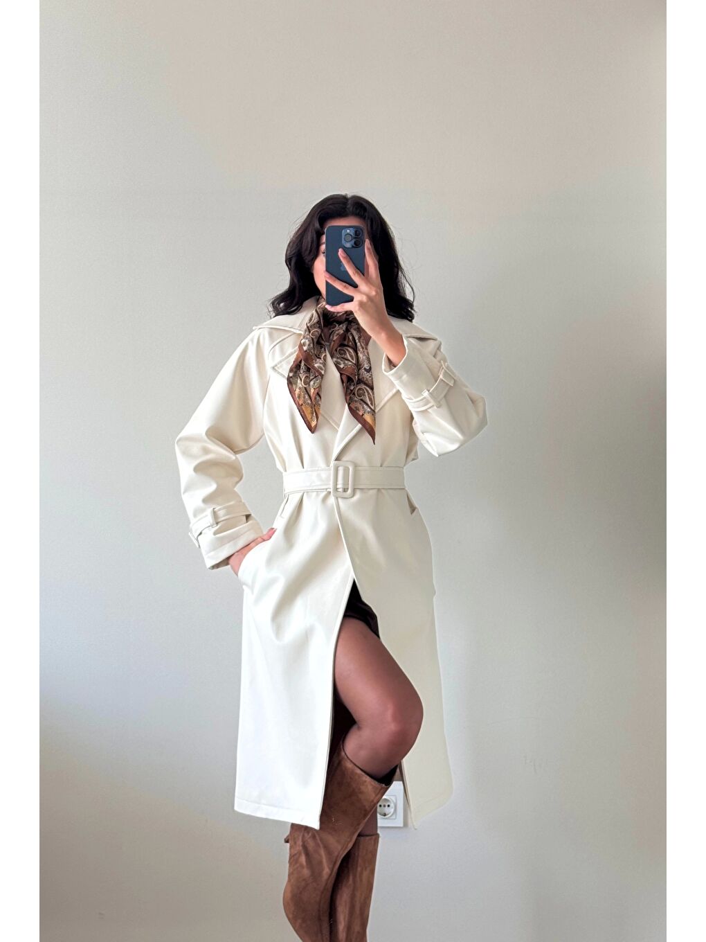 Kadın Ekru Deri Trenç 1041-6056