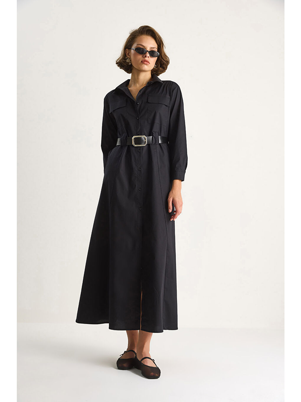 Siyah Kadın Düğme Kapamalı Cep Detaylı Kemerli Gömlek Elbise-1