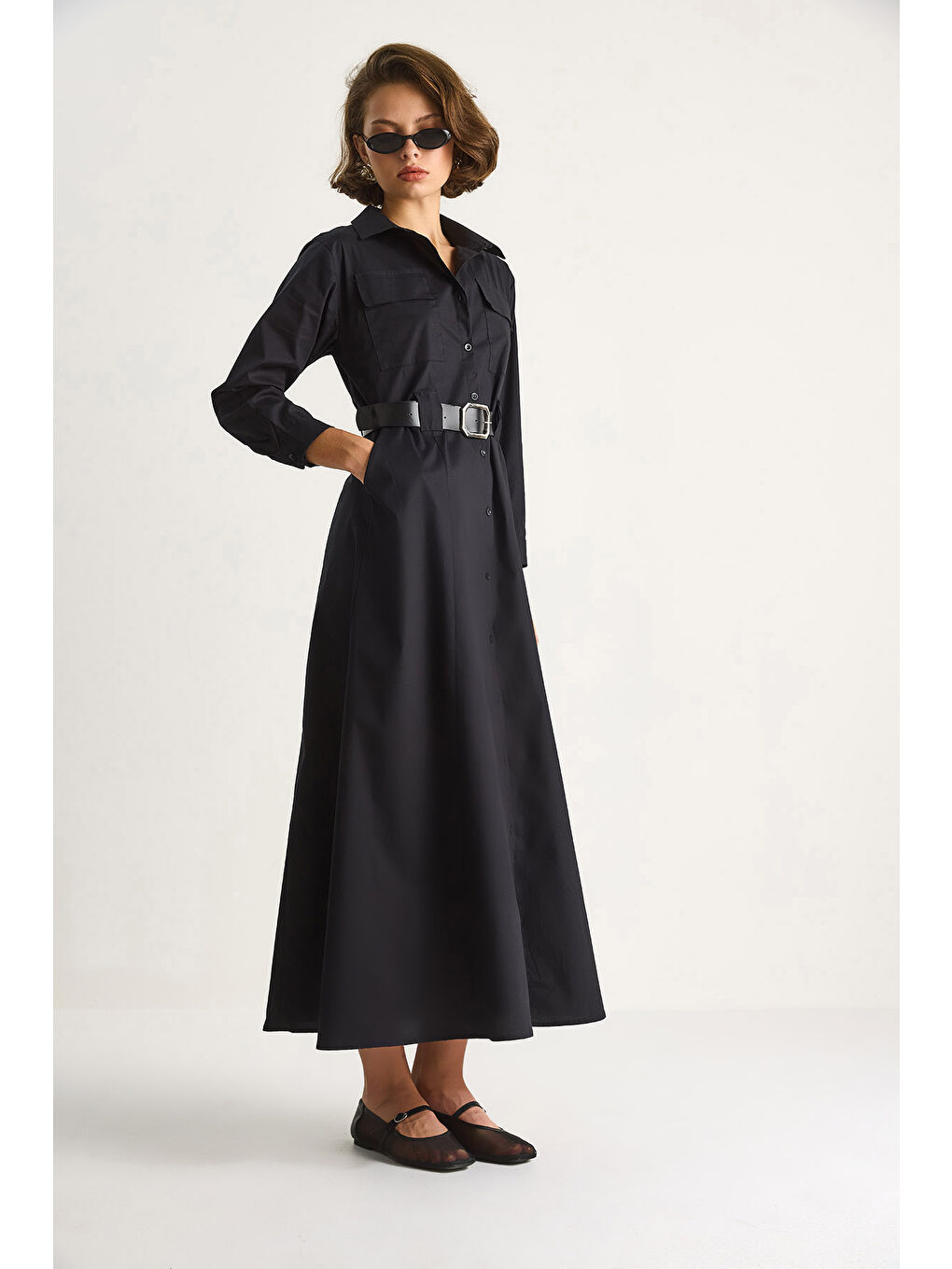 Siyah Kadın Düğme Kapamalı Cep Detaylı Kemerli Gömlek Elbise-2